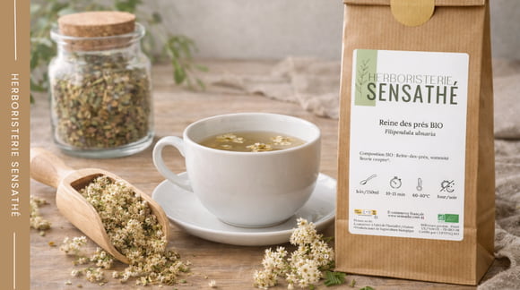 Tisane de reine des prés diurétique préparée pour favoriser l’élimination naturelle de l’eau - Herboristerie Sensathé